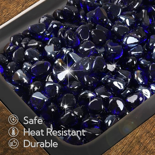 GASPRO 10 Pound Fire Glass Diamonds 1 Inch, Fire Pit Glass Rocks for Gas Fireplace and Fire Pit, Cobalt Blue, High Luster
