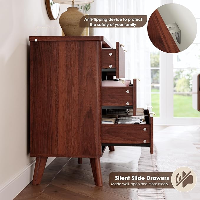 GarveeHome Fluted Dresser for Bedroom with 6 Deep Drawers, 47.2 in Wide Modern Chest of Drawers, Wooden Dresser TV Stand, Curved Profile Design, for Living Room, Kids Room, Hallway, Walnut
