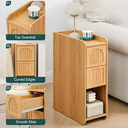 Narrow Nightstand Set of 2, Wooden Small 2 Drawer Nightstand, Slim Side End Table, Skinny Bedside Table, Mid Century Modern Night Stand with Drawers for Bedroom (Yellowish Natural)