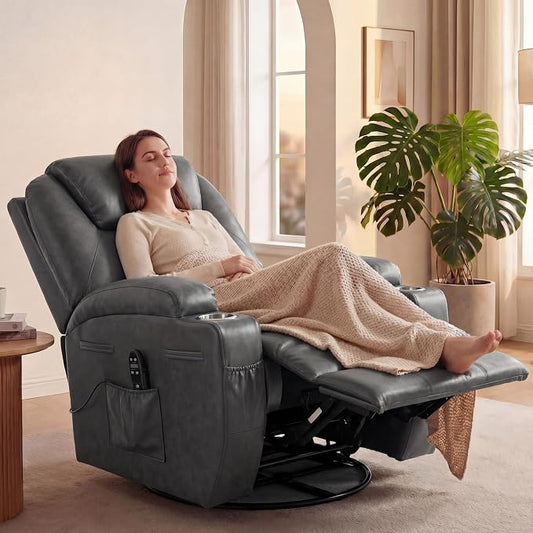 JUMMICO Small Swivel Rocker Recliner, 360 Rocking Chair Recliner with Massage, Upholstered Leathaire Rocker Recliner with Cup Holder for Living Room, Bedroom, Nursery (Dark Gray)
