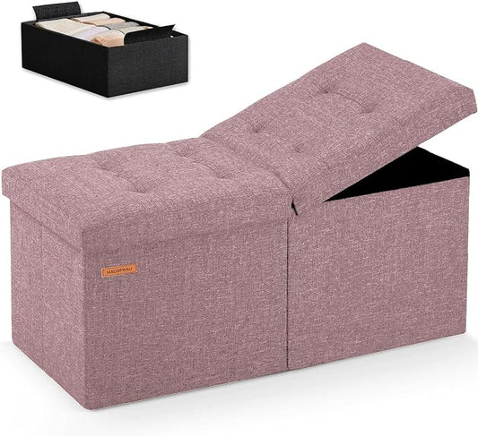 HAUSFRAU 31.5 Inches Ottoman with Storage Bench, Folding Ottoman Bench Small Foot Rest Stool, Bedroom Bench with Flipping Lid, Linen Nude