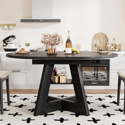 43.3in-59in Extendable Dining Table for 4-6, Round Kitchen Dining Room Table with Removable Leaves Space Saving, Space Saving, Wooden Cross Base with Storage Shelf for Kitchen Living Room (Black)