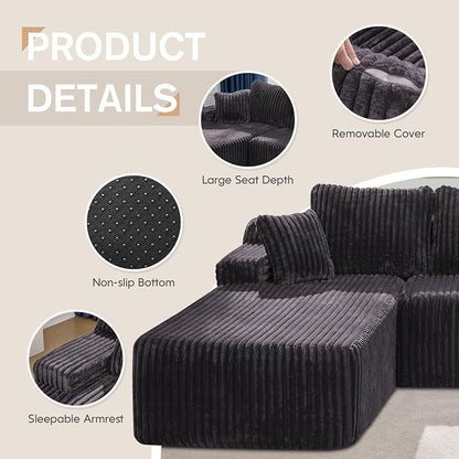 Hobestluk Boneless Couch Modular Sectional Sofa L-Shape Oversized Chaise | 108" Left Facing Chaise Darkgrey,Memory Foam,Removable Cover,Non-slip Bottom,No Assemble Required,Living Room Furniture