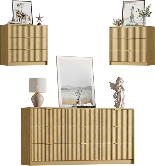 Furniway 3 Piece Bedroom Set, 9 Drawer Dresser and 3-Drawer Nightstand Set of 2 with Gold Handles, Mid-Century Modern Wood Chest of Drawers Storage Cabinet for Bedroom, Natural Oak