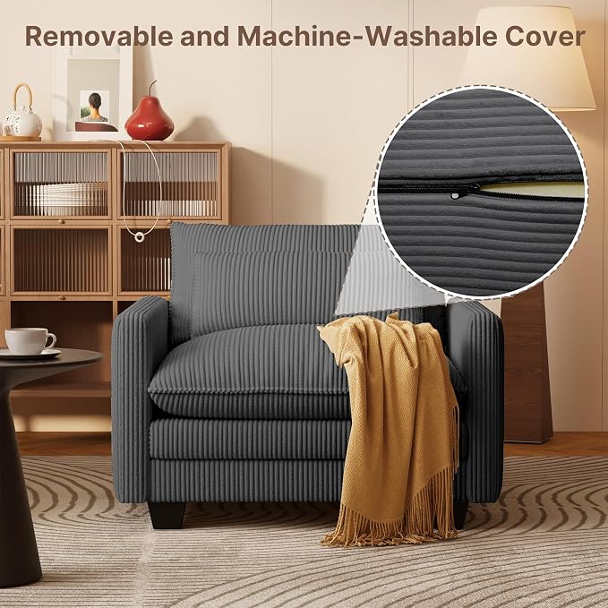 Gizoon Cloud Accent Chair with Washable Cover, Corduroy Single Sofa Chair with Comfy Deep Seat, Modern Armchair with Pillow for Living Room Bedroom, Gray