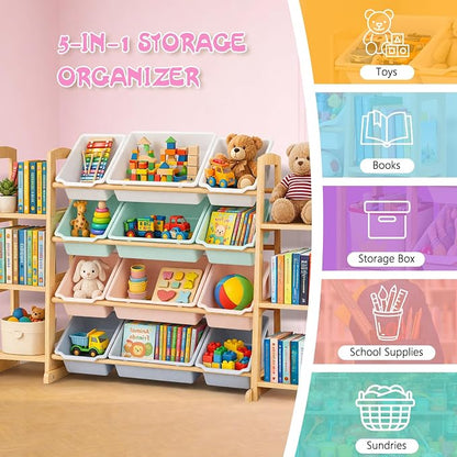 Kids Toy Storage Organizer with Bookshelf – Wooden Shelf with 12 Bins & 6 Shelves, Quick Assembly Storage Rack for Playroom, Bedroom, Nursery – Colorful