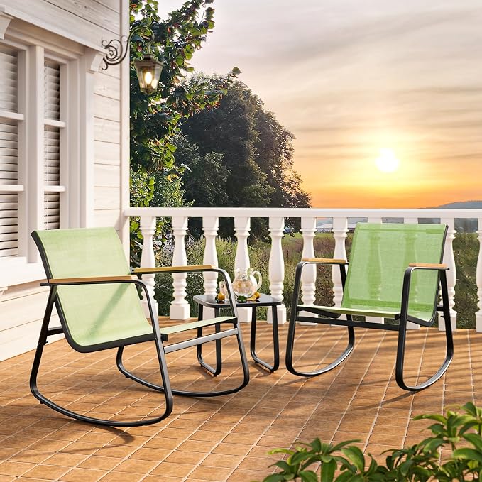 Ahomly 3 Pieces Patio Furniture Set Textilene Fabric Outdoor Patio Rocking Bistro Set with Wooden Armrests and Coffee Table for Lawn, Porch, Balcony, Poolside, Green