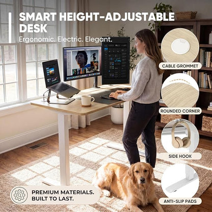 Furmax Electric Height Adjustable Standing Desk Large 48 x 24 Inches Sit Stand up Desk Home Office Computer Desk Memory Preset with T-Shaped Metal Bracket, Wood