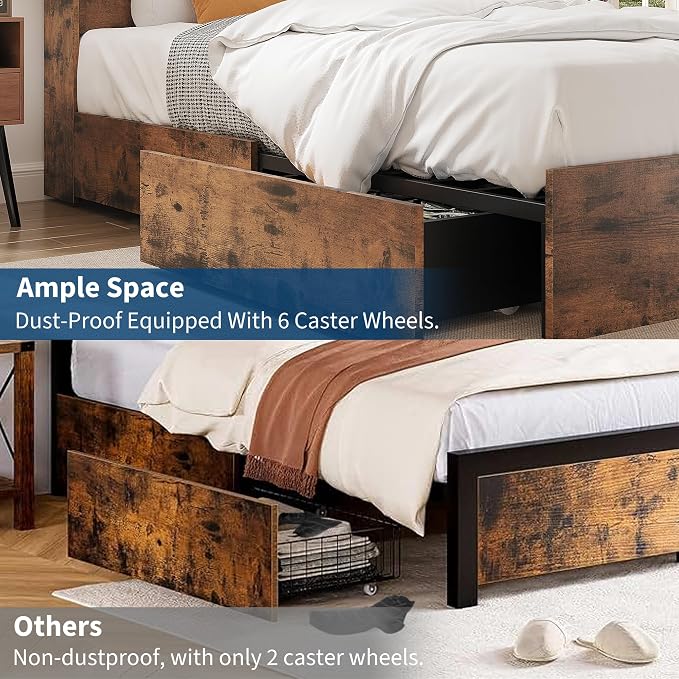 GarveeHome King Size Bed Frame with High Storage Bookcase Headboard, Wood Bed Frame with 4 Storage Drawers, Built in Charging Station, No Box Spring Needed, Metal Frame, Noise-Free, Vintage Brown