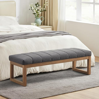 Zihanhome 52.7" Bedroom Bench for End of Bed, Modern Upholstered Teddy Fabric Entryway Bench & Dining Bench, Footrest Stool Bench with Solid Wood Frame for Bedroom, Living Room (Grey)