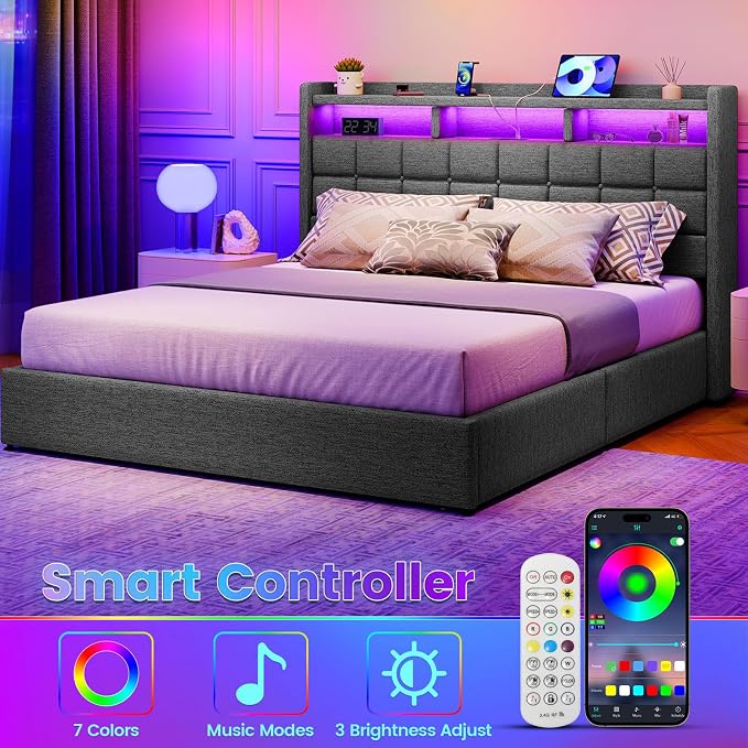 Driftalia Lift Up King Size Bed Frame with Storage, Upholstered King Bed Frame with Charging Station and LED Lights Headboard, No Box Spring Needed, Easy Assembly - Dark Grey