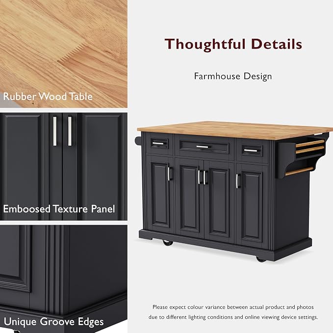 Large Kitchen Island with Rubber Wood Drop Leaf, Rolling Kitchen Cart with Ample Storage on Wheels with Doors and Drawers, Embossed Texture for Dining Room (Black, Silver Handle, 54Inch)