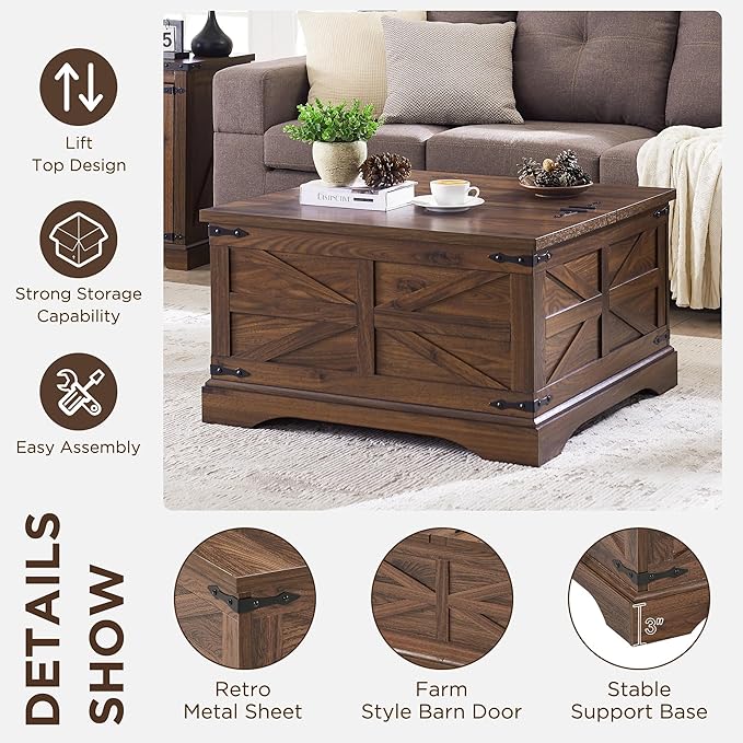 JXQTLINGMU Farmhouse Lift Top Coffee Table with Large Storage, 36" Square Wood Living Room Table with Hidden Compartment, Lift Tabletop Dining Table for Home, Brown