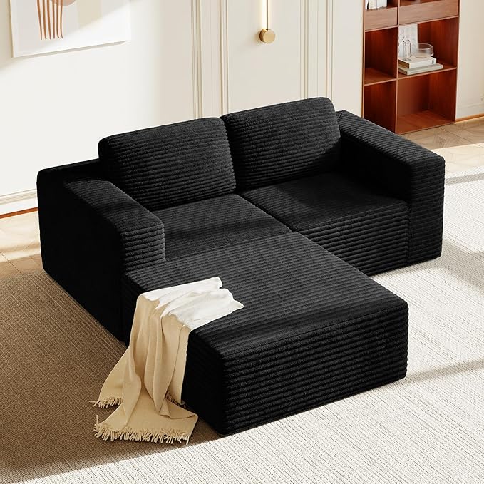 Vesgantti 80" Modular Sectional Sofa, Corduroy Cloud Couch with Deep Seats & Spring Support, Compact 2 Seater Boneless Couch, L-Shaped Modular Sofa for Small Spaces, Apartments, No Assembly, Black