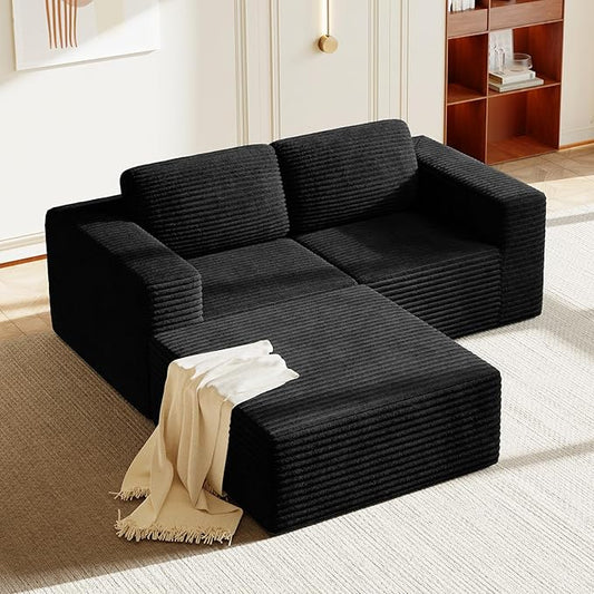 Vesgantti 80" Modular Sectional Sofa, Corduroy Cloud Couch with Deep Seats & Spring Support, Compact 2 Seater Boneless Couch, L-Shaped Modular Sofa for Small Spaces, Apartments, No Assembly, Black