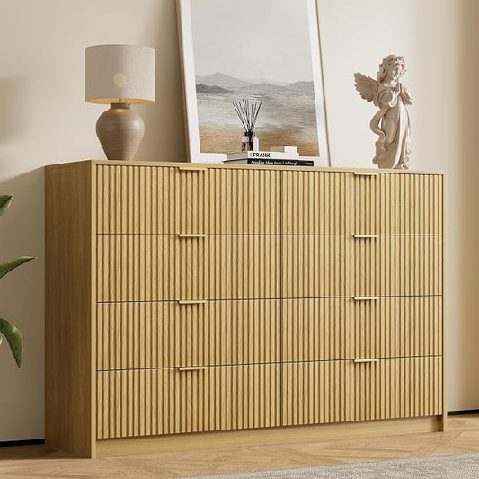 Furniway 3 Piece Bedroom Set, 8 Drawer Dresser and 3-Drawer Nightstand Set of 2 with Gold Handles, Mid-Century Modern Wood Chest of Drawers Storage Cabinet for Bedroom, Natural Oak