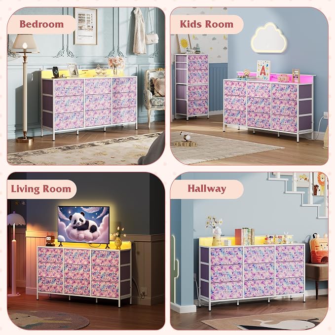 WLIVE Dresser TV Stand for 45, 50, 55 inch TV, Entertainment Center with LED Lights & Charging Station, Chest of Drawers with 9 Fabric Drawers for Living Room, Tie-dye Print (Pink, Purple, Blue)
