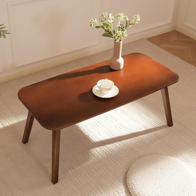 Baveke Folding Coffee Table- Foldable Floor Tables, Mid Century Coffee Table for Living Room, Small Coffee Tables Solid Wood Japanese Low Table for Sitting on Floor, No Assembly, 39.4''-Brown