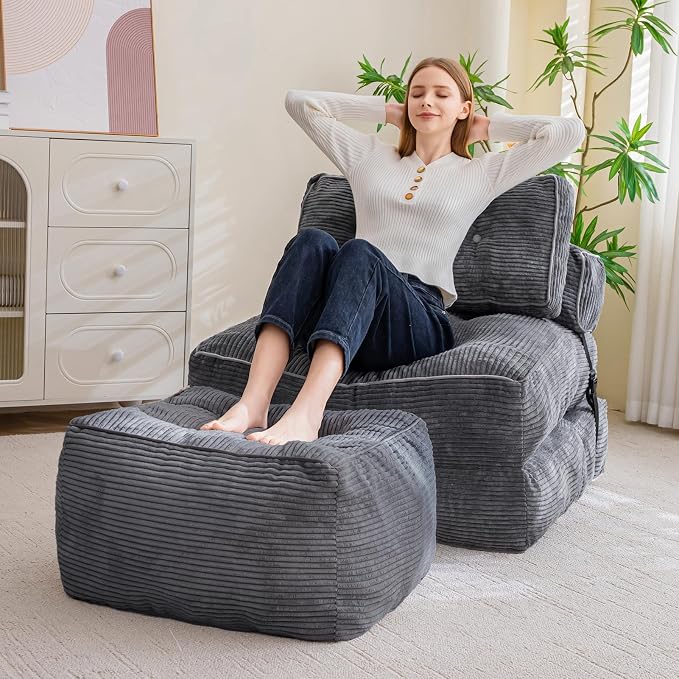 HIGOGOGO Square Stuffed Pouf Ottoman, Corduroy Poufs with Foam Chunk Filling, Furry and Fluffy Pouf Foot Stool Storage Ottoman, 25.6 X 25.6 Floor Poufs Foot Rest for Living Room, Dark Grey