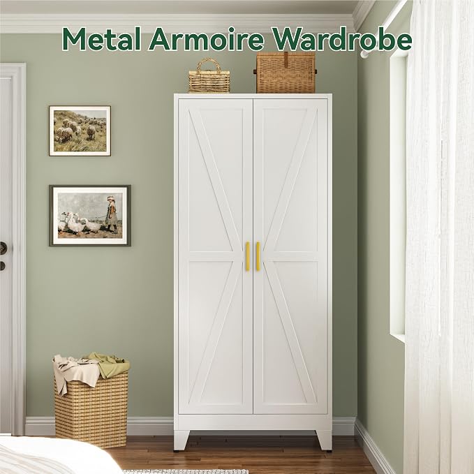 Metal Wardrobe Closet with Doors and Shelves, 71" Farmhouse Bedroom Armoire with Hanger Rod and Clothing Shelf, White Closet Cabinet for Hanging Clothes for Laundry Room Garage Dormitory