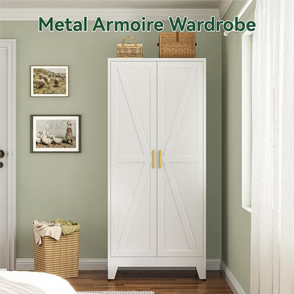 Metal Wardrobe Closet with Doors and Shelves, 71" Farmhouse Bedroom Armoire with Hanger Rod and Clothing Shelf, White Closet Cabinet for Hanging Clothes for Laundry Room Garage Dormitory
