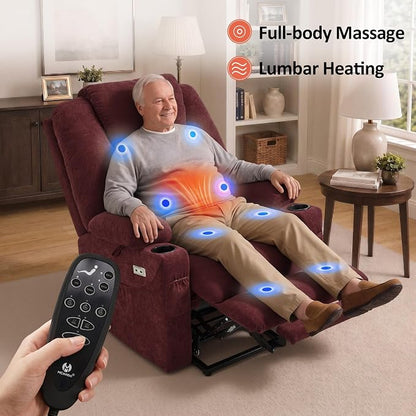 MCombo Power Lift Recliner Chair for Elderly R7045(Sangria, Medium-Wide) | Heat and Massage, Breathable Fabric, USB& Type C Charging Port, FSC Certified