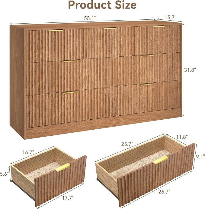 7 Drawer Dresser for Bedroom, 55" Wide Fluted Chest of Drawers with Gold Metal Handles, Modern Wood Dresser Closet Storage Organizer Mid Century TV Stand for Living Room Hallway Light Walnut