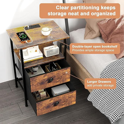 Nightstand with Charging Station, Bedside End Table with 2 Fabric Drawers for Bedroom, Side Table with USB Ports and Outlets, Rustic Brown