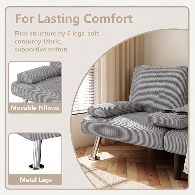 Flamaker Futon Sofa Bed Modern Folding Futon Set Convertible Recliner Lounge for Living Room with 2 Cup Holders, Removable Armrests (Corduroy, Marble Grey)