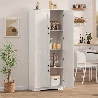 IDEALHOUSE Tall Pantry Cabinet, 60" Kitchen Pantry Storage Cabinet with 2 Doors and Adjustable Shelves, Freestanding Kitchen Cabinet, Cupboard for Dining Room, Bathroom (White)