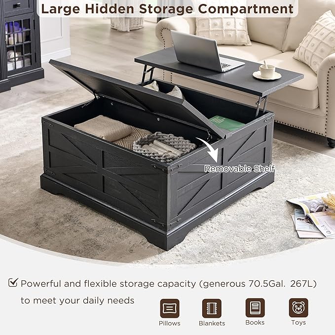 JXQTLINGMU Farmhouse Lift Top Coffee Table with Large Storage, 36" Square Wood Living Room Table with Hidden Compartment, Lift Tabletop Dining Table for Home, Black