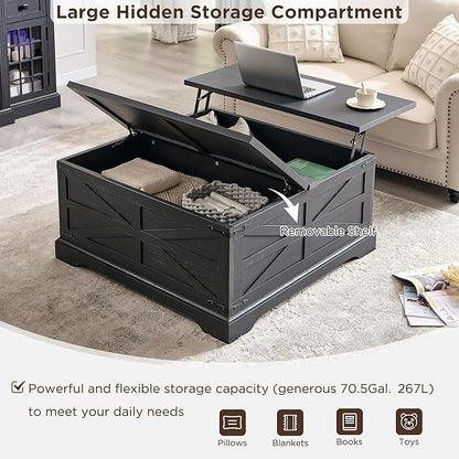 JXQTLINGMU Farmhouse Lift Top Coffee Table with Large Storage, 36" Square Wood Living Room Table with Hidden Compartment, Lift Tabletop Dining Table for Home, Black