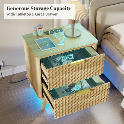 LVSOMT Smart Nightstand with Charging Station and LED Lights, 23.62" Wide Night Stand with 2 Drawers, Motion Sensor Motion-Activated Underlight, Honeycomb Bedside Table for Bedroom, Natural Oak