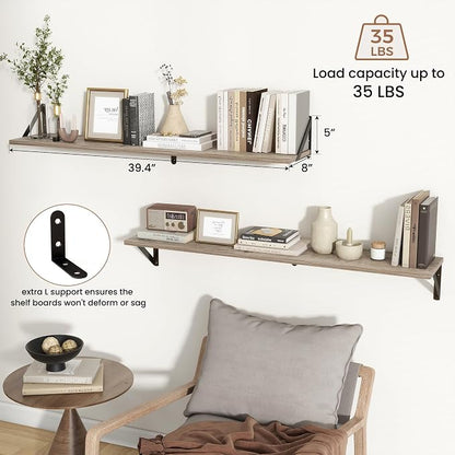 Axeman 40 Inch Grey Wood Floating Shelves for Wall Set of 2 | 8 Inch Deep Wall Shelves, Rustic Wood Bookshelf, Grey Shelves for Living Room Bathroom Bedroom Kitchen Home Office