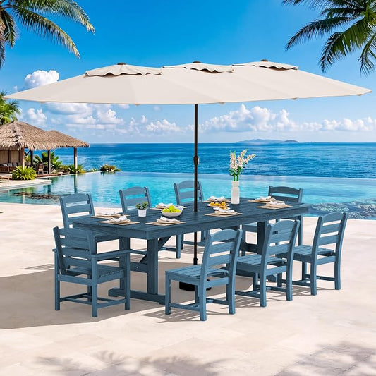 SERWALL 10 Piece 84" HDPE Outdoor Dining Set for 8 with 6 Armless Chair, 2 Armchairs and Umbrella, Navy