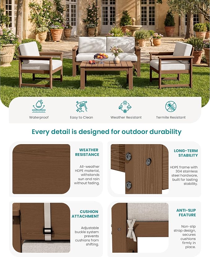 SERWALL 3 Pieces HDPE Outdoor Sofa Bistro Set with Cushion, Patio Outdoor Furniture Sofa Sets with Porch Chairs and Coffee Table, Brown Frame/Khaki Cushion