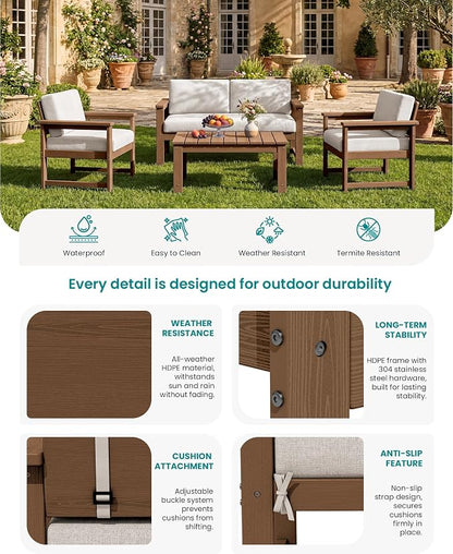 SERWALL 3 Pieces HDPE Outdoor Sofa Bistro Set with Cushion, Patio Outdoor Furniture Sofa Sets with Porch Chairs and Coffee Table, Brown Frame/Khaki Cushion