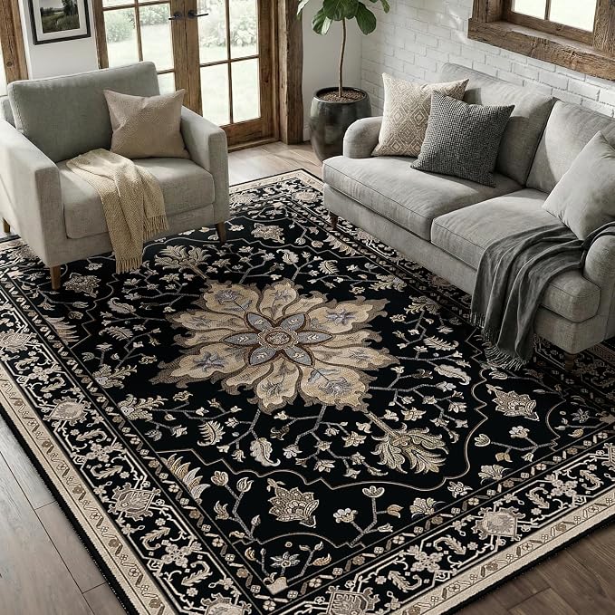 RELEANY Area Rugs 5'x7' Washable Non-Slip, Floral Vintage Distress Medallion Carpet for Living Room Bedroom Dining Room, Black Brown Neutral Dark Tan