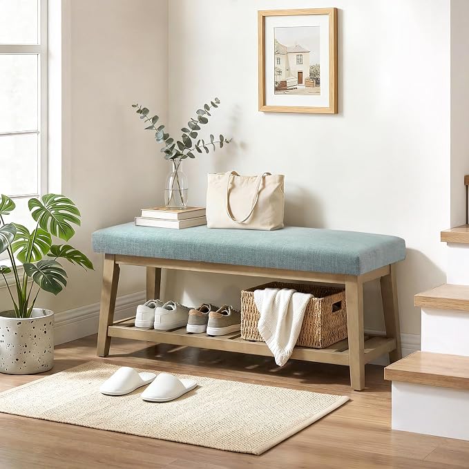 Entryway Bench with Cushion, Upholstered Shoe Rack Bench with Solid Wood Shelf, 44" End of Bed Bench for Bedroom, Chenille Fabric Storage Bench for Entryway, Hallway, Living Room (Teal)