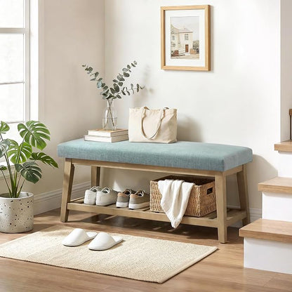Entryway Bench with Cushion, Upholstered Shoe Rack Bench with Solid Wood Shelf, 44" End of Bed Bench for Bedroom, Chenille Fabric Storage Bench for Entryway, Hallway, Living Room (Teal)