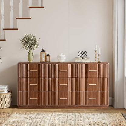 Fluted Dresser for Bedroom with 9 Drawers, 59" Wide Mid Century Modern Chest of Drawers, Wooden Dresser TV Stand, Wood Closet Clothes Storage Organizer for Living Room Hallway, Walnut
