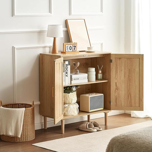 VEVOR Sideboard Cabinet, Buffet Cabinet with 2 Magnetic Doors and Adjustable Shelves, Sideboard Buffet for Hallway, Entryway, Living Room, or Kitchen, Natural