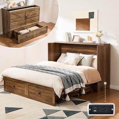 AMERLIFE Full Murphy Bed Cabinet with Charging Station and Storage, Farmhouse Foldable Platform Bed for Guest Room, Office, Small Spaces, Barnwood