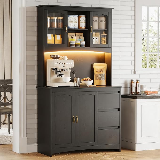 Garvee Kitchen Pantry Cabinet with LED Lights & Charging Station, 71" Tall Kitchen Hutch Storage Cabinet with Countertop, 3 Drawers, 4 Doors, Adjustable Shelves for Dining Room, Black