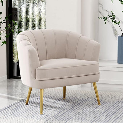 Andeworld Velvet Accent Chair, Upholstered Modern Single Sofa Side Chair,Comfy Barrel Club Living Room Armchair with Golden Metal Legs for Bedroom Living Reading Room Office, Beige