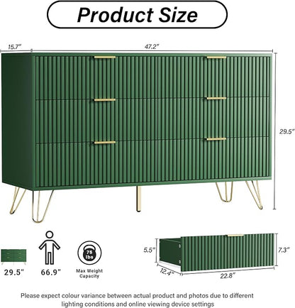 Furniway Green Dresser for Bedroom, Modern Dresser with Gold Metal Handles & Chests of Drawers for Bedroom, 15.7" D x 47.2" W x 29.5" H