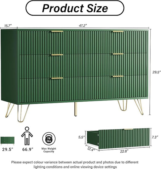 Furniway Green Dresser for Bedroom, Modern Dresser with Gold Metal Handles & Chests of Drawers for Bedroom, 15.7" D x 47.2" W x 29.5" H
