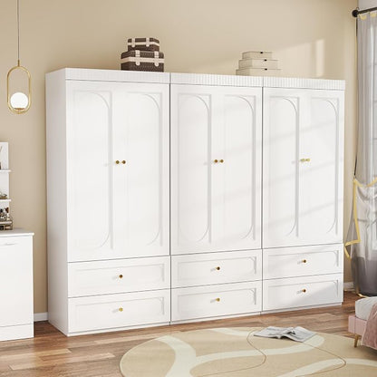 Wooden Wardrobe Closet with Doors: 75" Tall White Armoire Wardrobe Closet with 6 Drawers and 6 Doors, Modern Clothes Cabinets for Bedroom Armoires with Hanging Rod (6-Drawers, 94.5")