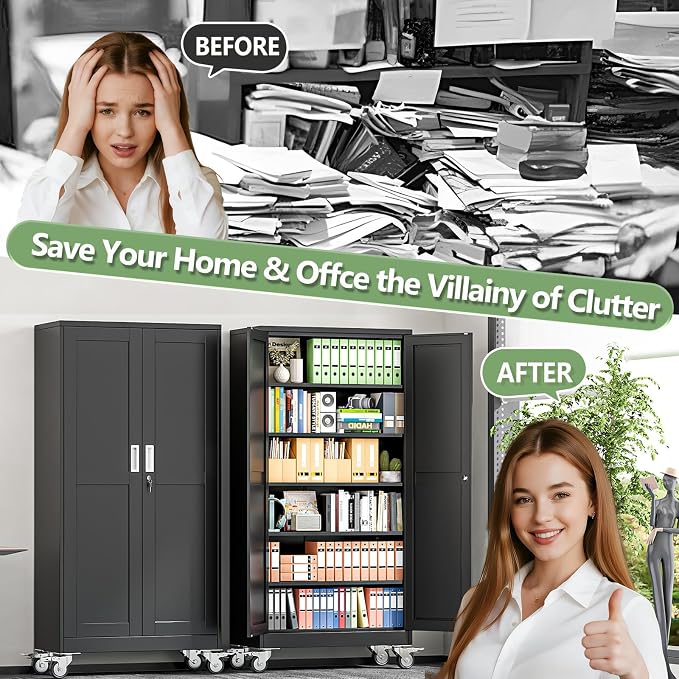 Metal Garage Storage Cabinet, 74”Tall Rolling Utility Cabinet Black | storage system with Wheels, Lock, 5 Adjustable Shelves, Heavy Duty Steel Tool Locker for Home Office, Utility Room, Gym
