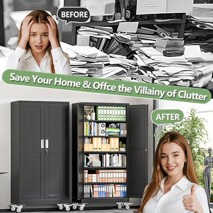 Metal Garage Storage Cabinet, 74”Tall Rolling Utility Cabinet Black | storage system with Wheels, Lock, 5 Adjustable Shelves, Heavy Duty Steel Tool Locker for Home Office, Utility Room, Gym